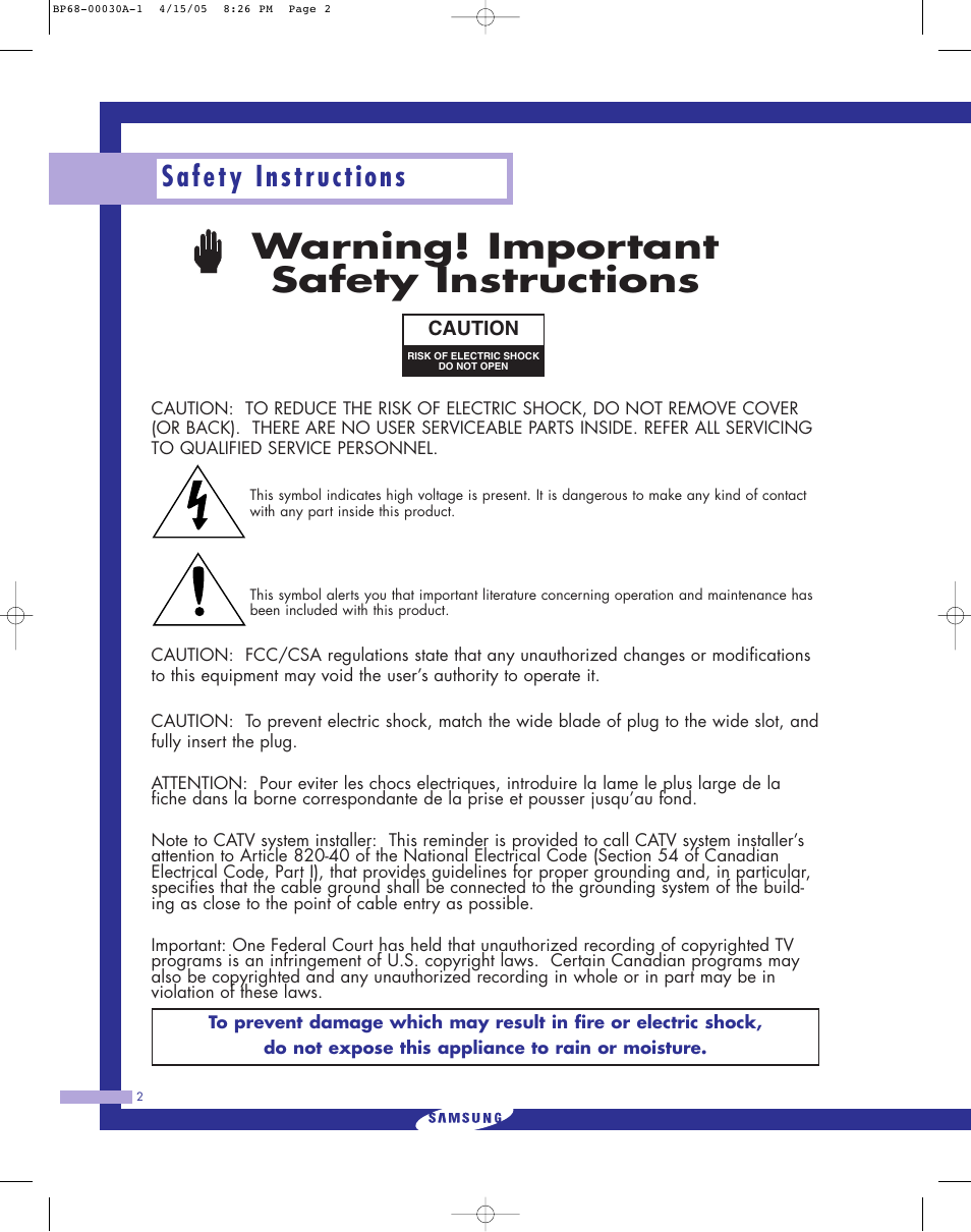 Safety instructions, Warning! important safety instructions | Samsung Tantus HLM 5065W User Manual | Page 2 / 88