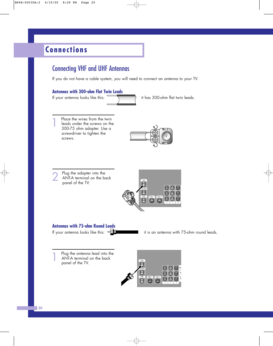Connecting vhf and uhf antennas, Connections | Samsung Tantus HLM 5065W User Manual | Page 20 / 88