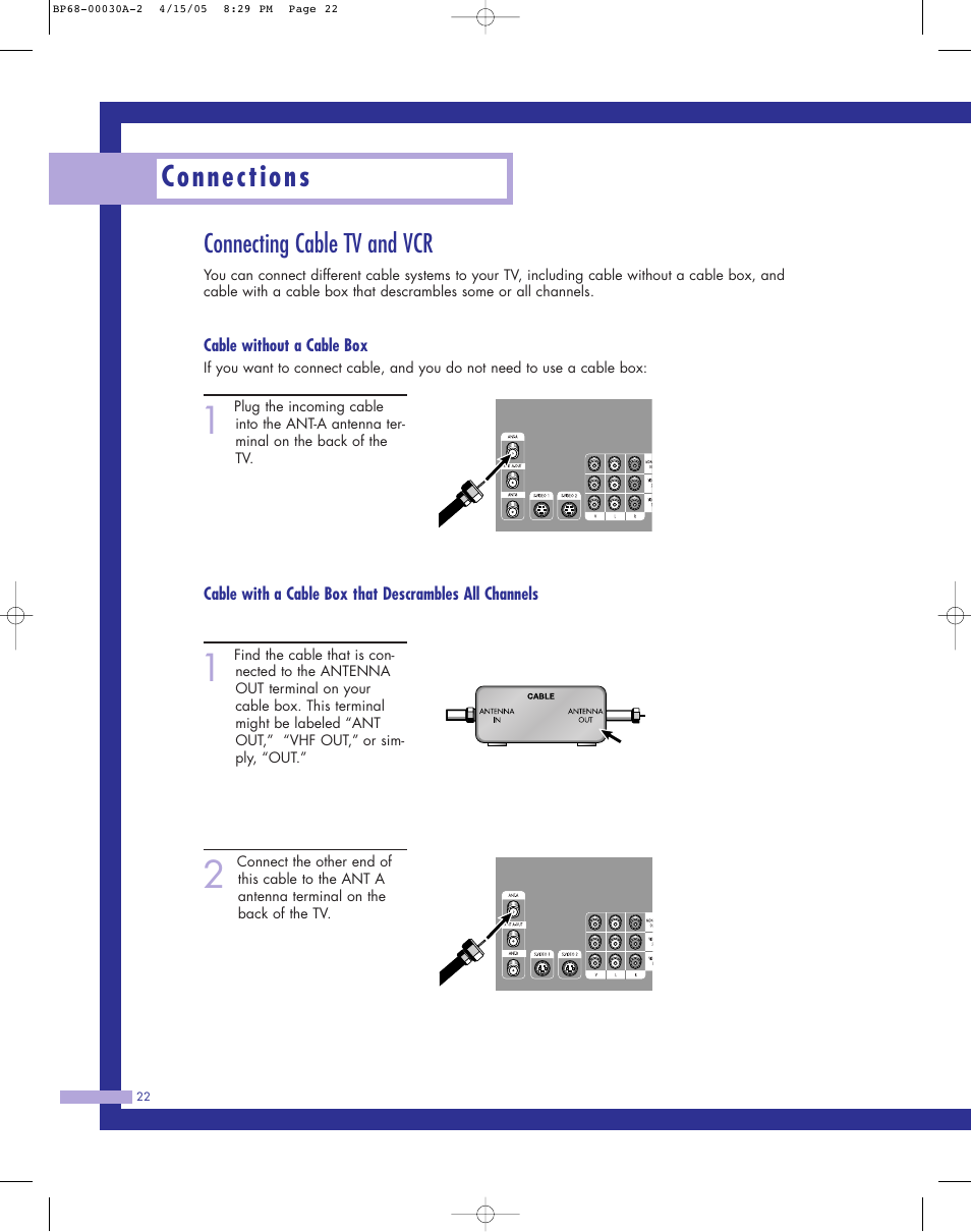 Connecting cable tv and vcr, Connections | Samsung Tantus HLM 5065W User Manual | Page 22 / 88