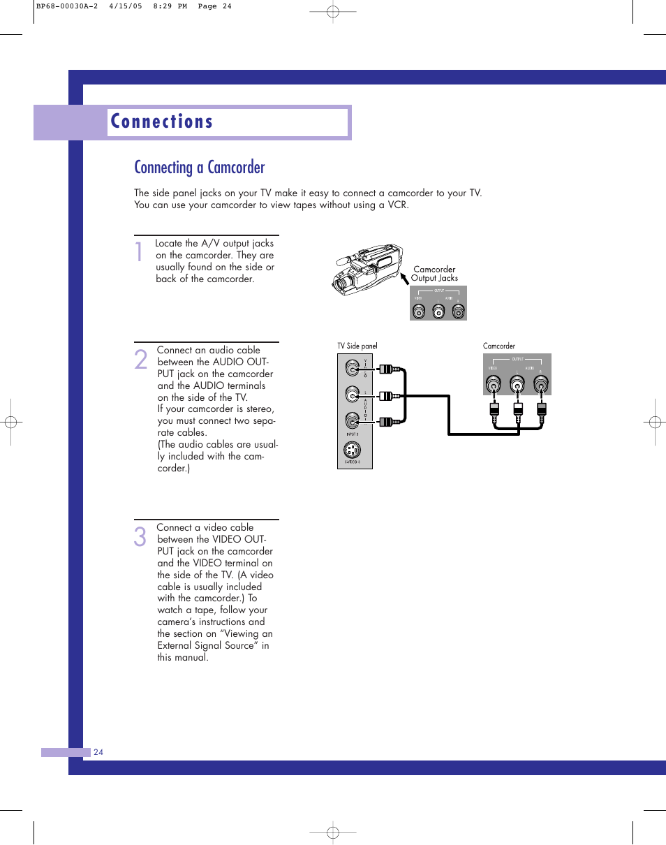 Connecting a camcorder, Connections | Samsung Tantus HLM 5065W User Manual | Page 24 / 88