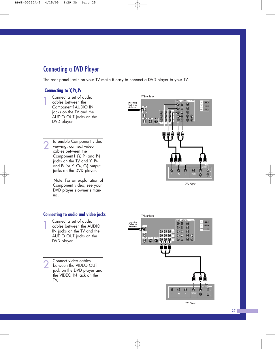 Connecting a dvd player | Samsung Tantus HLM 5065W User Manual | Page 25 / 88