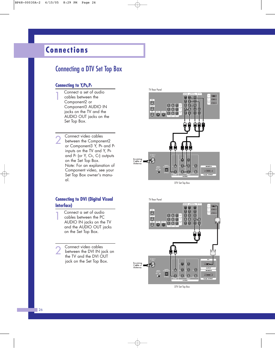 Connecting a dtv set top box, Connections, Connecting to y,p | Connecting to dvi (digital visual interface), And p, Inputs on the tv and y, p, Or y, c | Samsung Tantus HLM 5065W User Manual | Page 26 / 88