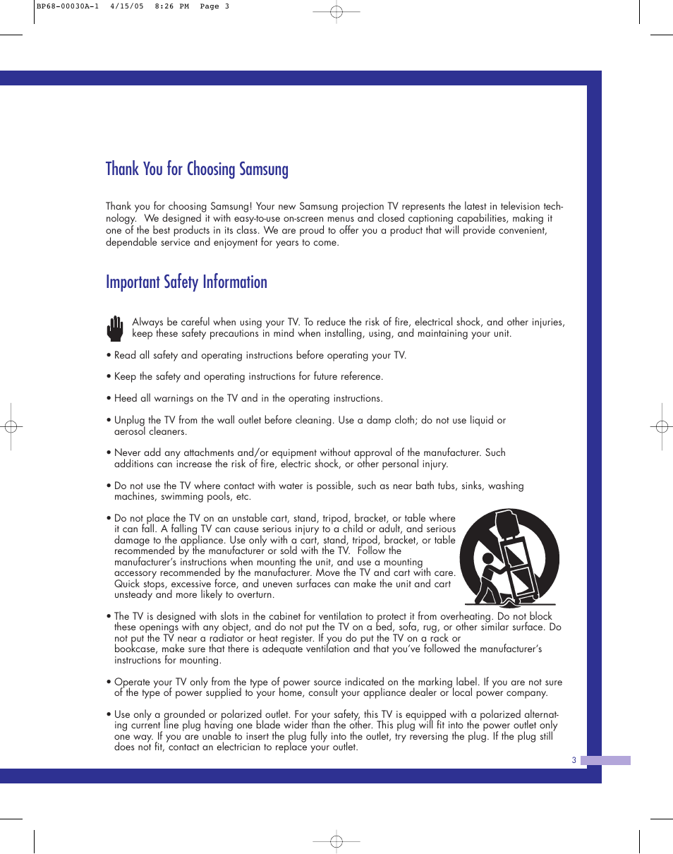 Thank you for choosing samsung, Important safety information | Samsung Tantus HLM 5065W User Manual | Page 3 / 88
