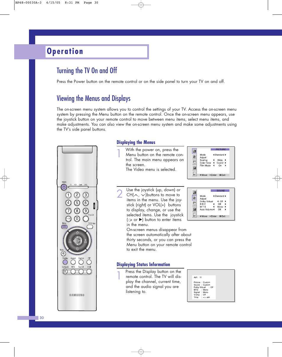 Turning the tv on and off, Viewing the menus and displays, Operation | Samsung Tantus HLM 5065W User Manual | Page 30 / 88