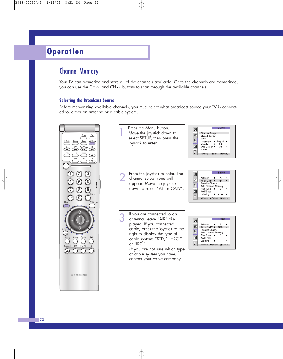 Channel memory, Operation | Samsung Tantus HLM 5065W User Manual | Page 32 / 88