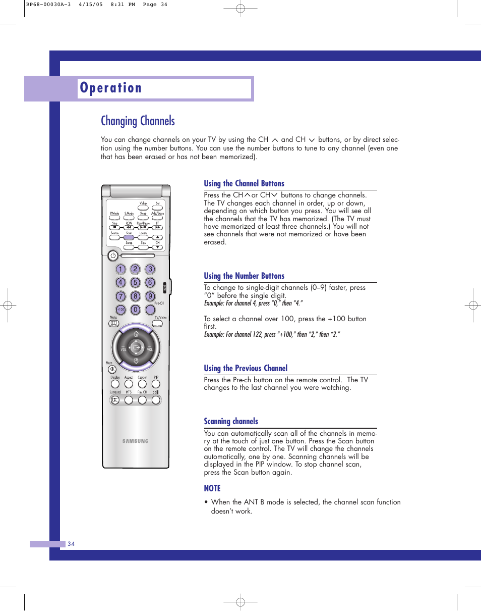 Changing channels, Operation | Samsung Tantus HLM 5065W User Manual | Page 34 / 88