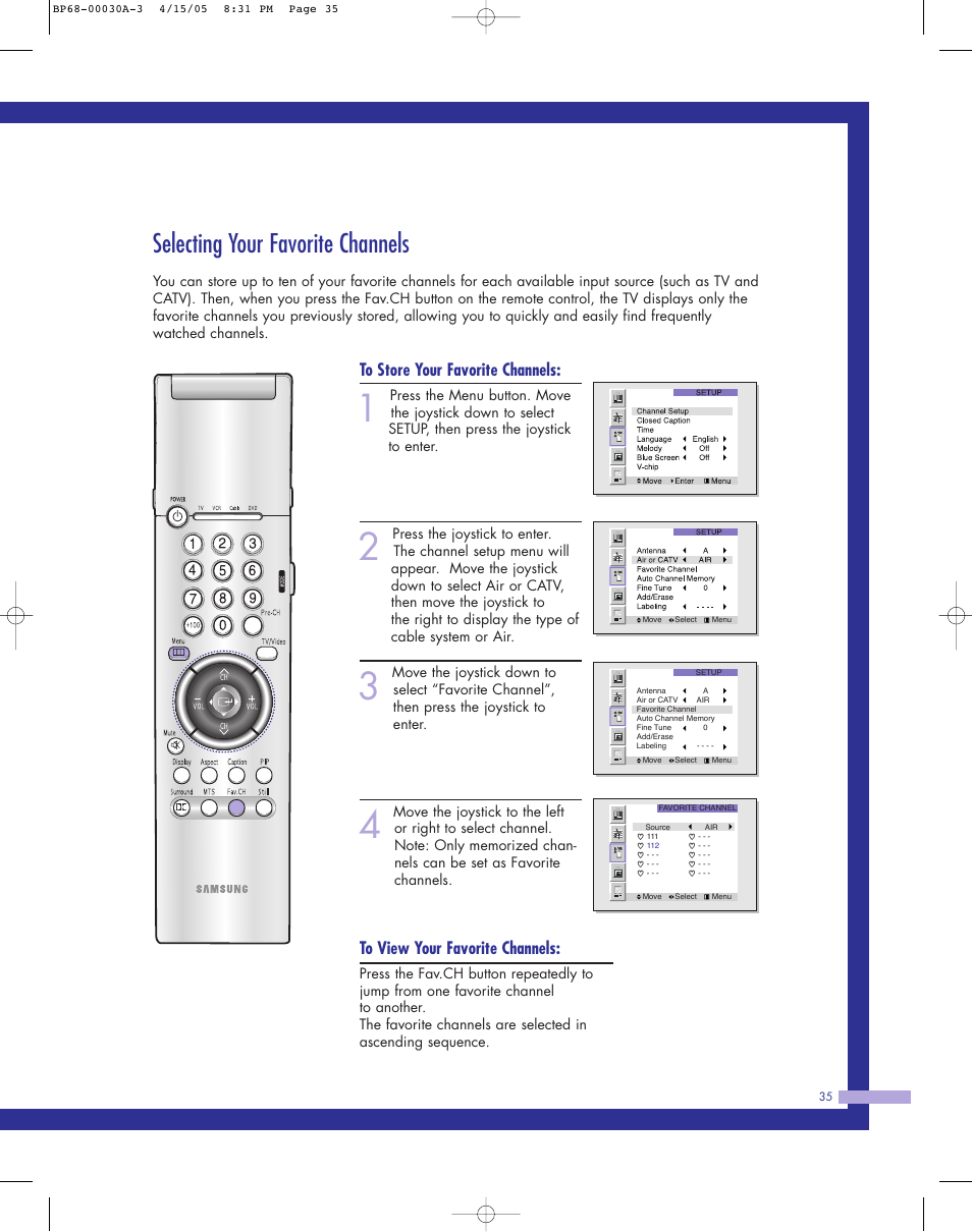 Selecting your favorite channels | Samsung Tantus HLM 5065W User Manual | Page 35 / 88