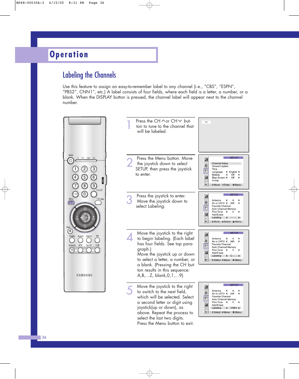 Labeling the channels, Operation | Samsung Tantus HLM 5065W User Manual | Page 36 / 88