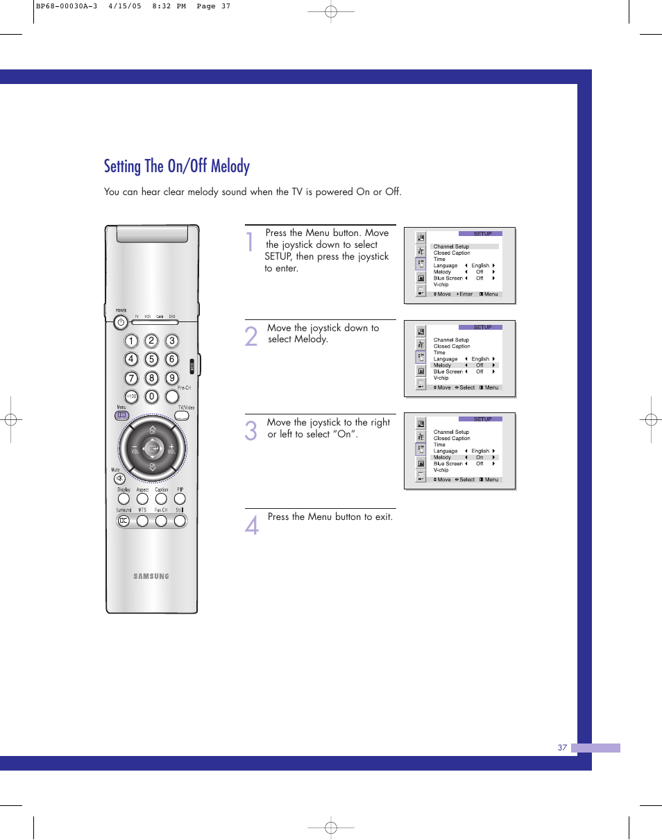 Setting the on/off melody | Samsung Tantus HLM 5065W User Manual | Page 37 / 88