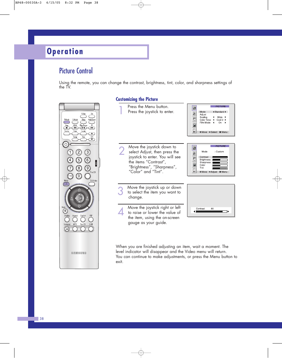 Picture control, Operation | Samsung Tantus HLM 5065W User Manual | Page 38 / 88
