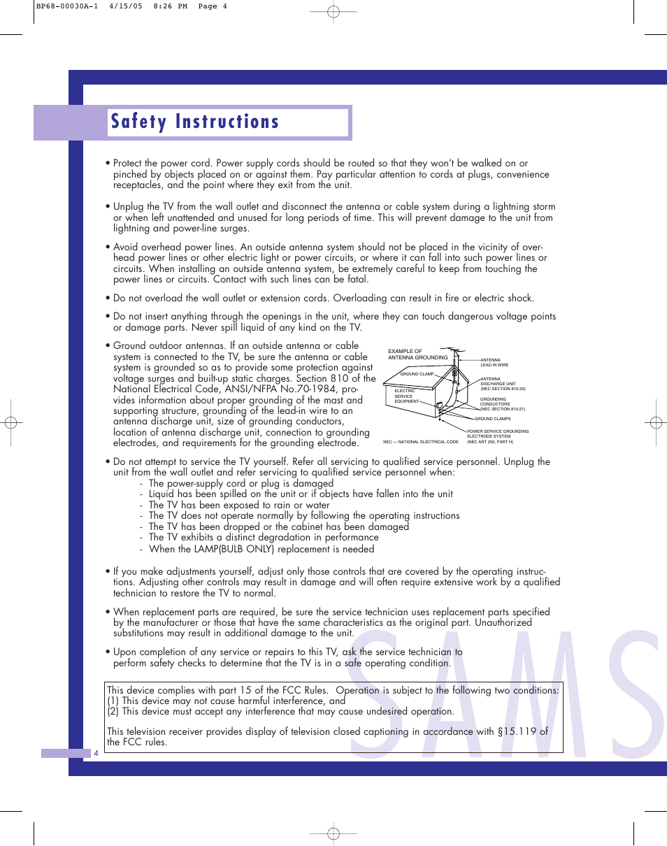 Sams, Safety instructions | Samsung Tantus HLM 5065W User Manual | Page 4 / 88