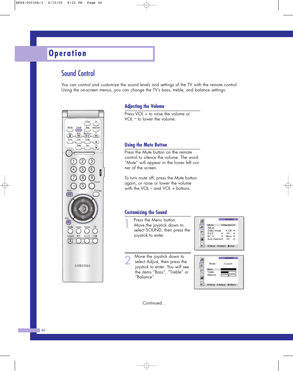 Sound control, Operation | Samsung Tantus HLM 5065W User Manual | Page 40 / 88