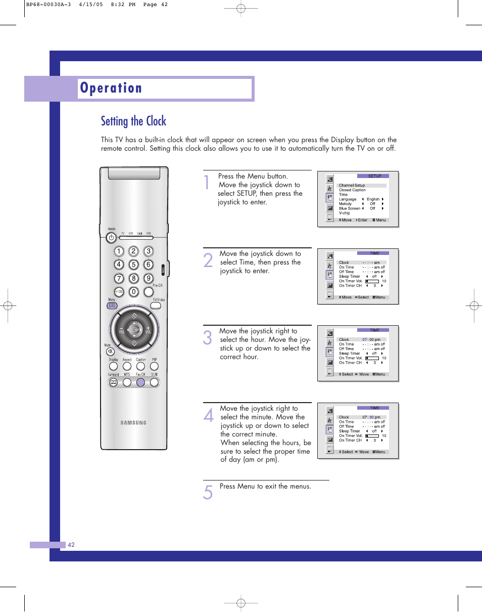 Setting the clock, Operation | Samsung Tantus HLM 5065W User Manual | Page 42 / 88