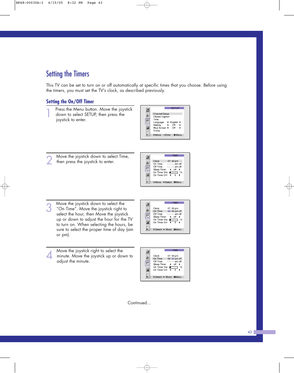 Setting the timers | Samsung Tantus HLM 5065W User Manual | Page 43 / 88