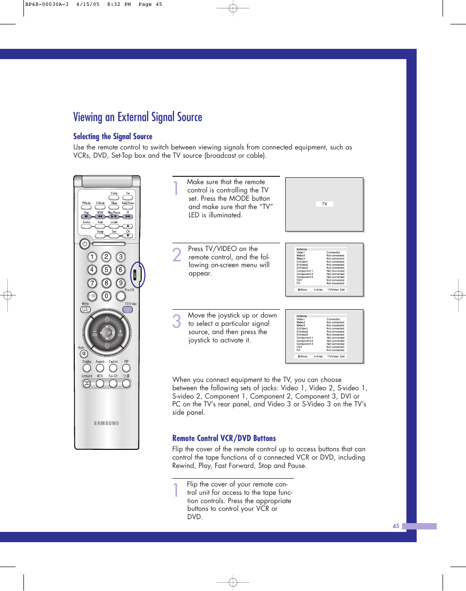 Viewing an external signal source | Samsung Tantus HLM 5065W User Manual | Page 45 / 88