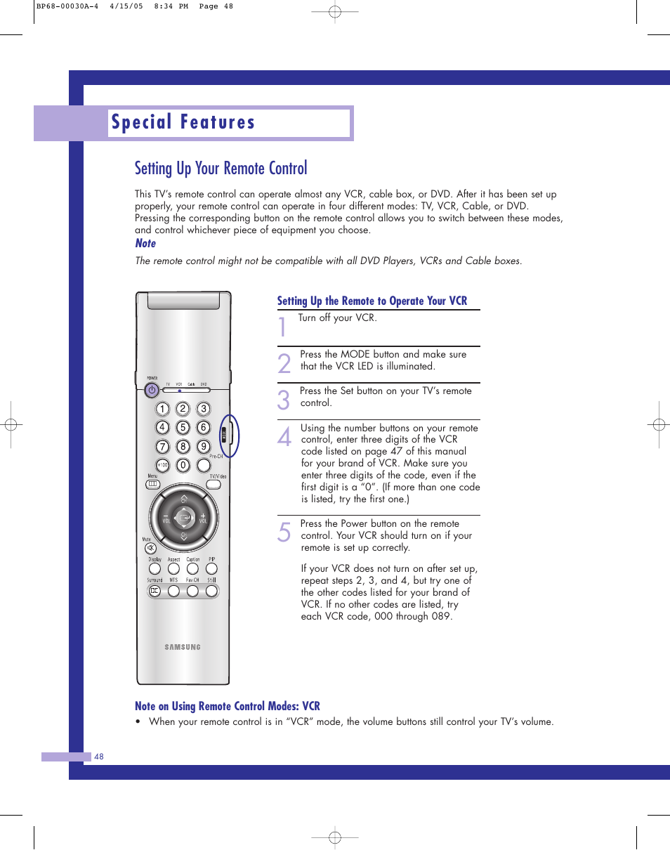 Setting up your remote control, Special features | Samsung Tantus HLM 5065W User Manual | Page 48 / 88