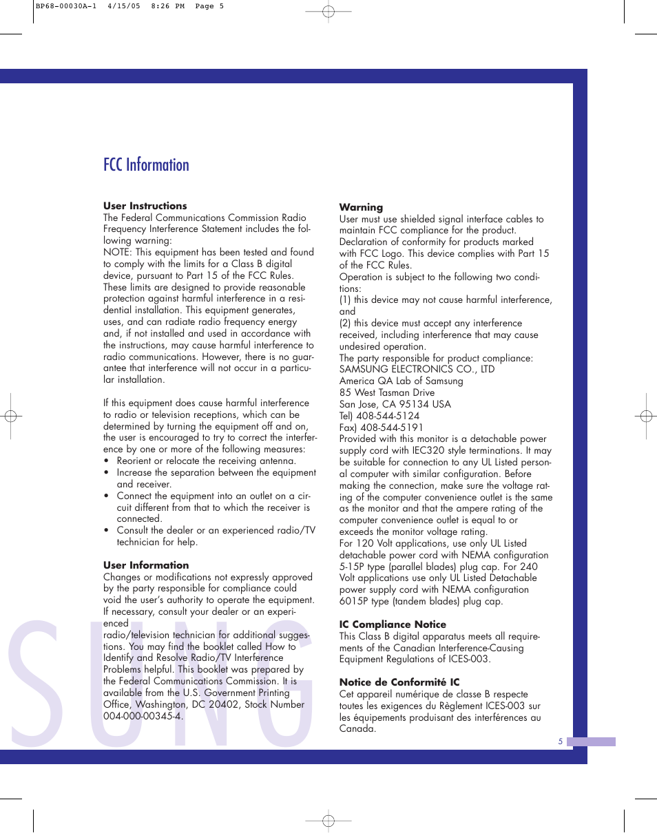 Fcc information, Sung | Samsung Tantus HLM 5065W User Manual | Page 5 / 88