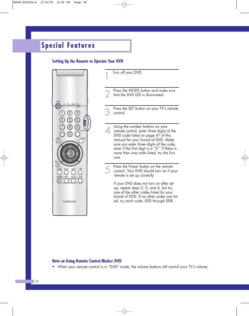 Special features | Samsung Tantus HLM 5065W User Manual | Page 50 / 88