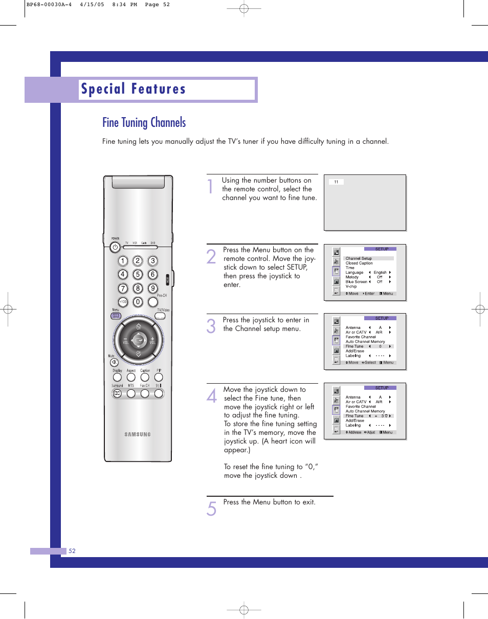 Fine tuning channels, Special features | Samsung Tantus HLM 5065W User Manual | Page 52 / 88