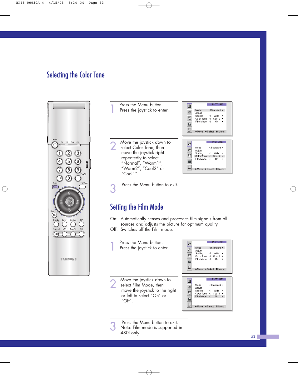 Selecting the color tone, Setting the film mode | Samsung Tantus HLM 5065W User Manual | Page 53 / 88