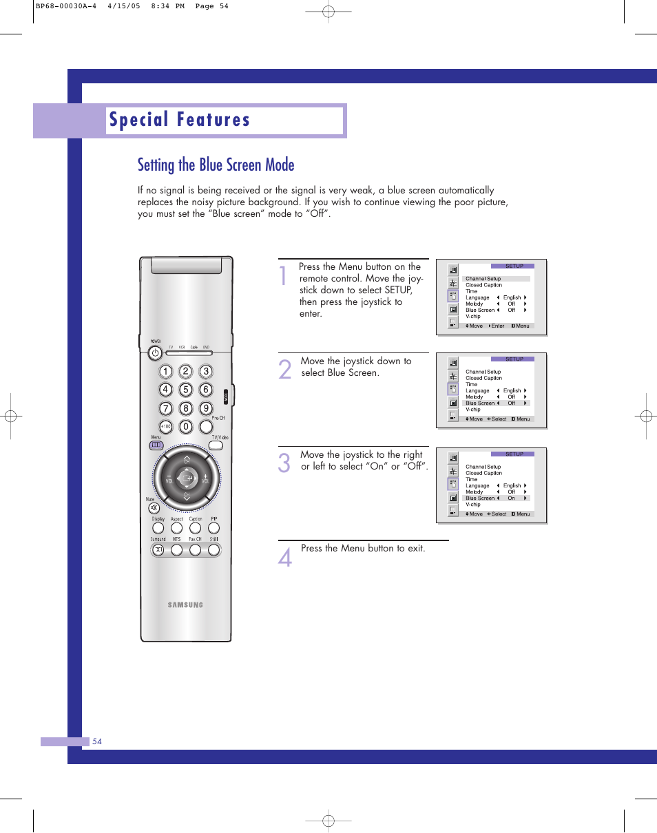 Setting the blue screen mode, Special features | Samsung Tantus HLM 5065W User Manual | Page 54 / 88