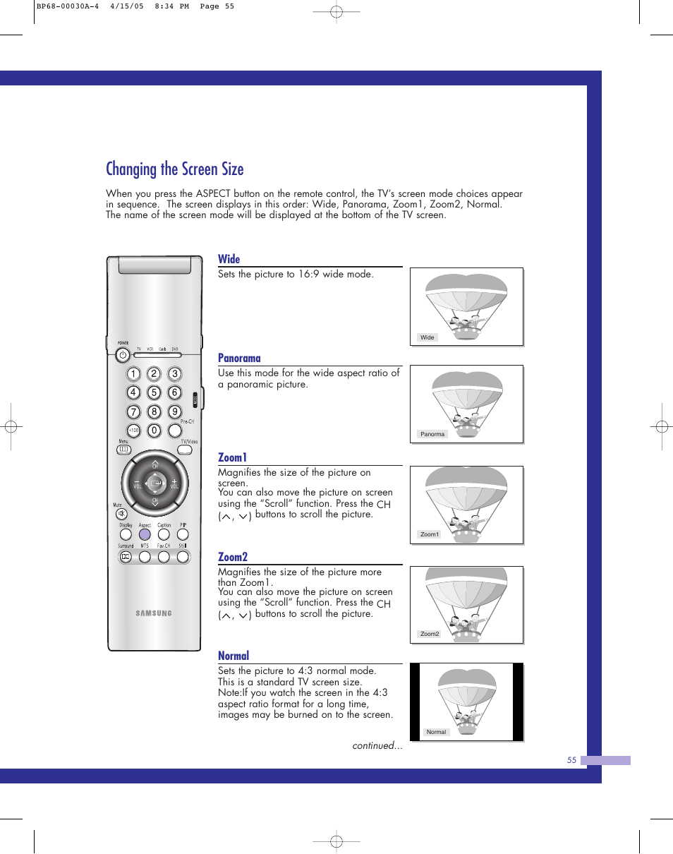 Changing the screen size | Samsung Tantus HLM 5065W User Manual | Page 55 / 88