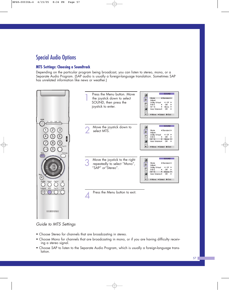 Special audio options | Samsung Tantus HLM 5065W User Manual | Page 57 / 88