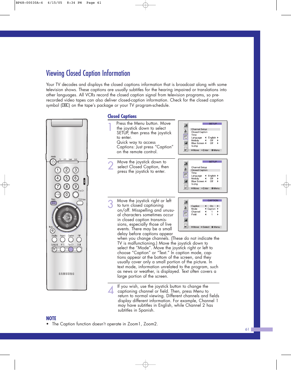 Viewing closed caption information | Samsung Tantus HLM 5065W User Manual | Page 61 / 88