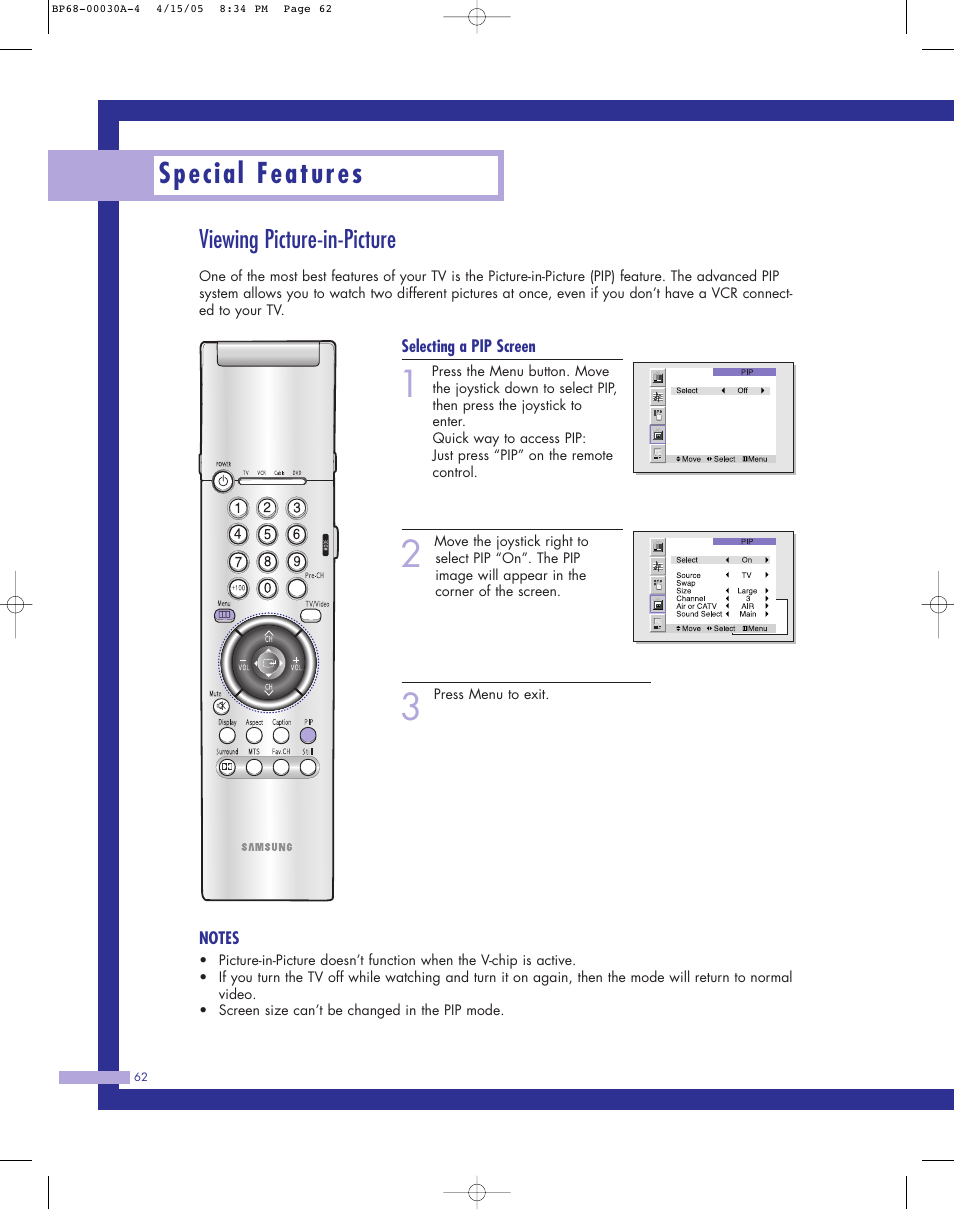 Viewing picture-in-picture, Special features | Samsung Tantus HLM 5065W User Manual | Page 62 / 88