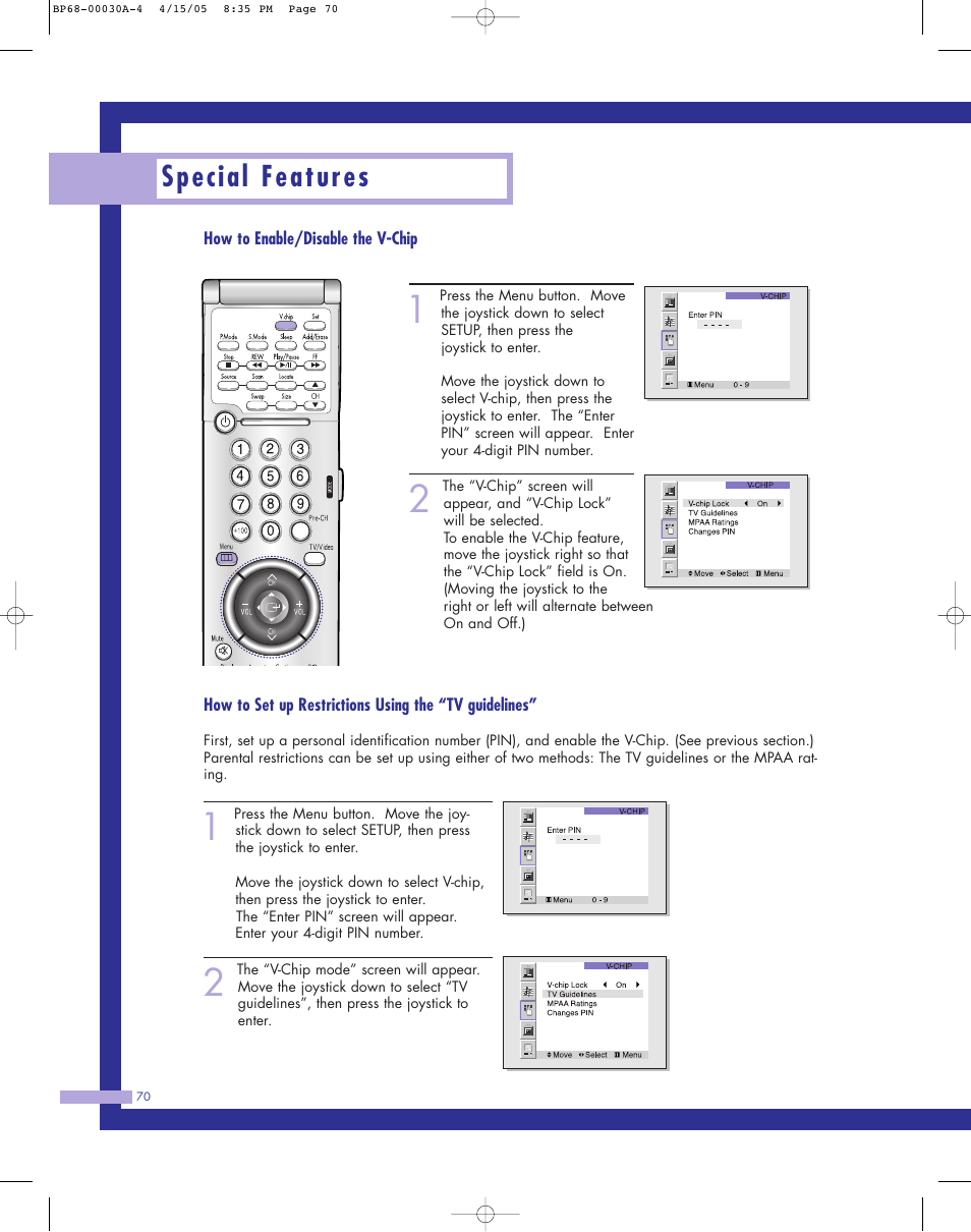 Special features | Samsung Tantus HLM 5065W User Manual | Page 70 / 88