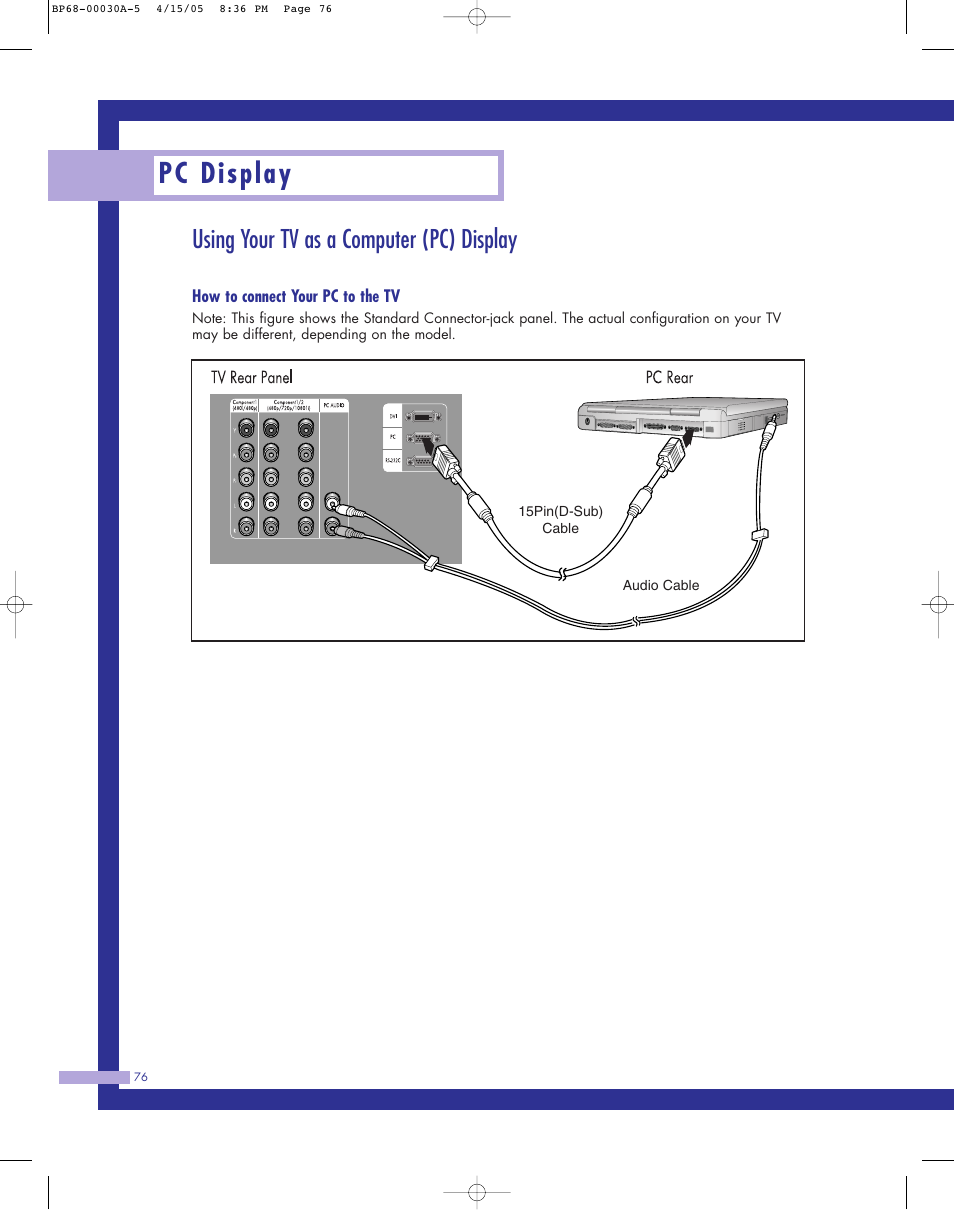 Using your tv as a computer (pc) display, Pc display | Samsung Tantus HLM 5065W User Manual | Page 76 / 88