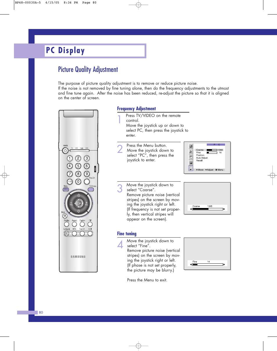 Picture quality adjustment, Pc display | Samsung Tantus HLM 5065W User Manual | Page 80 / 88