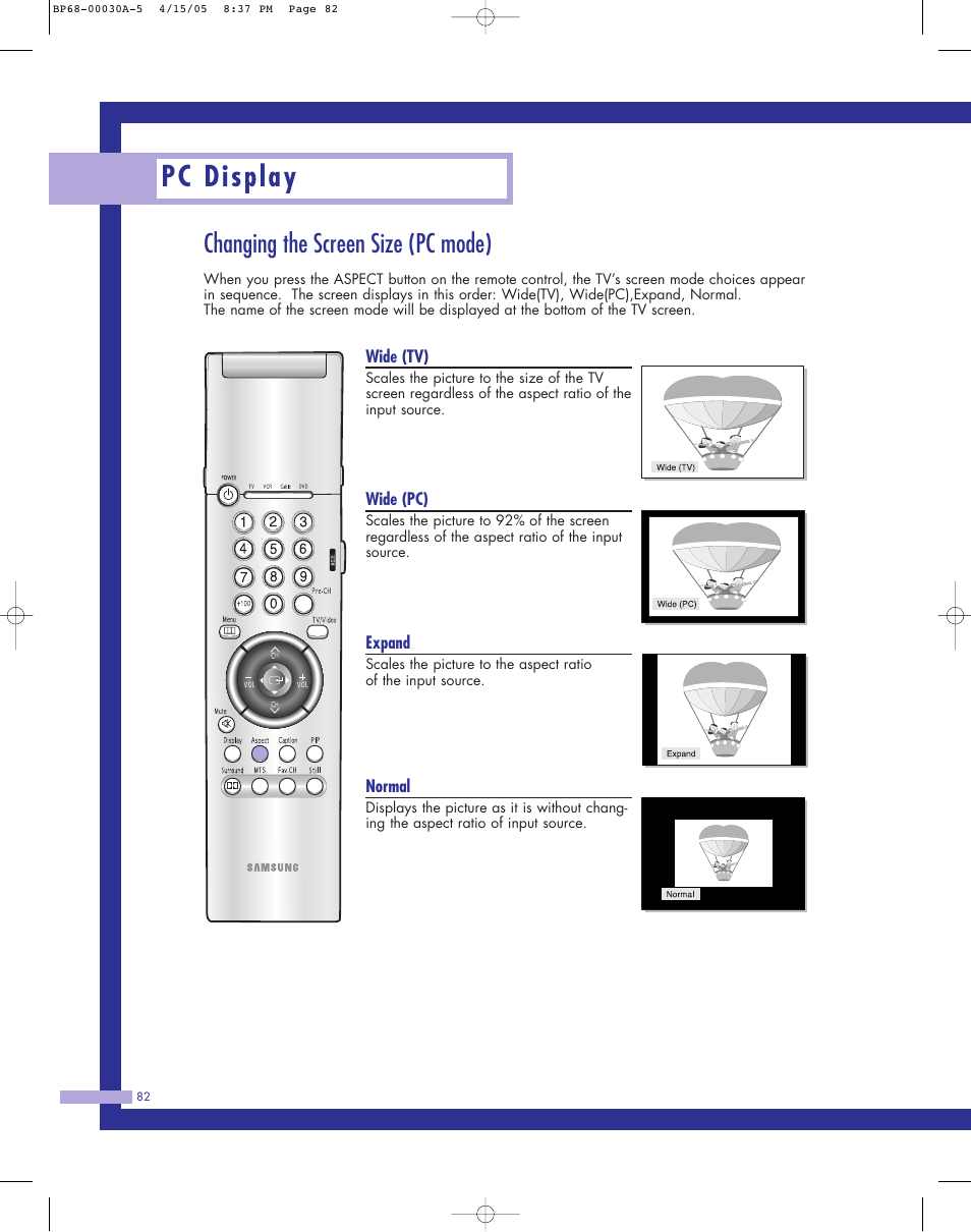 Changing the screen size (pc mode), Pc display | Samsung Tantus HLM 5065W User Manual | Page 82 / 88