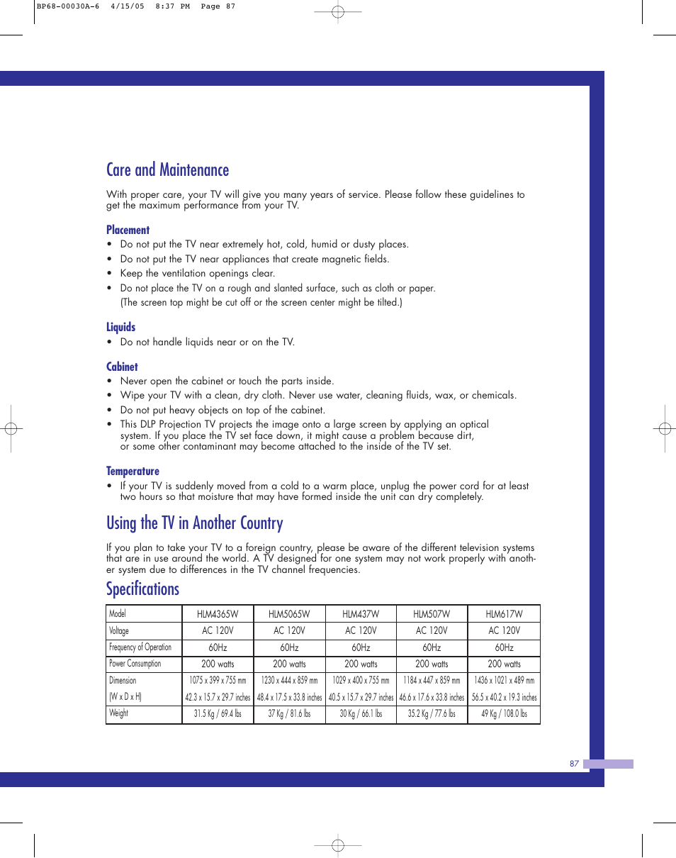 Care and maintenance, Using the tv in another country, Specifications | Samsung Tantus HLM 5065W User Manual | Page 87 / 88