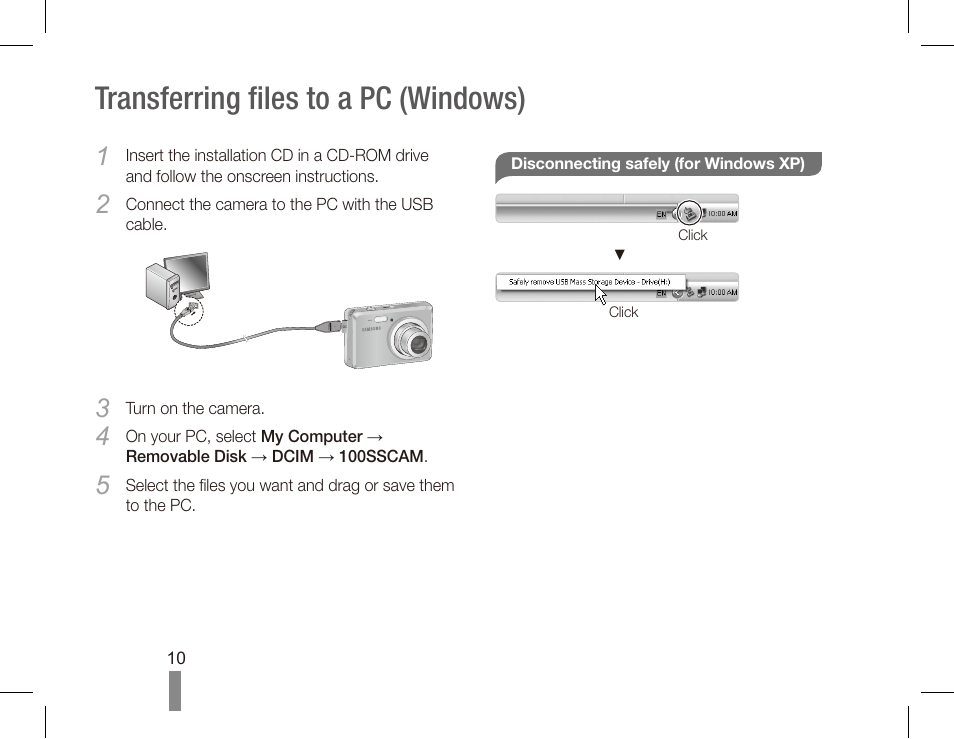 Transferring files to a pc (windows) | Samsung ES55 User Manual | Page 10 / 112