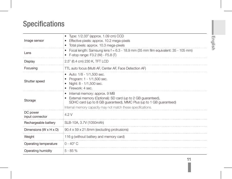 Specifications | Samsung ES55 User Manual | Page 11 / 112