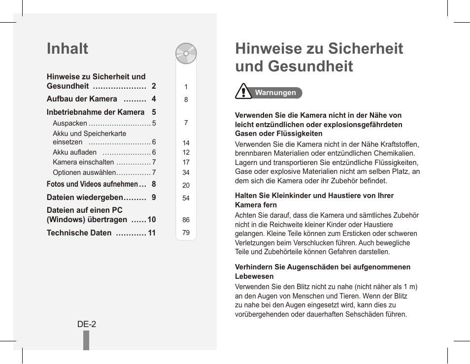 Hinweise zu sicherheit und gesundheit inhalt | Samsung ES55 User Manual | Page 12 / 112