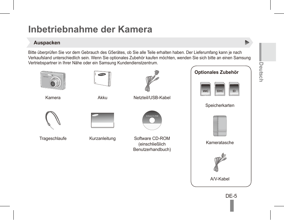 Inbetriebnahme der kamera | Samsung ES55 User Manual | Page 15 / 112