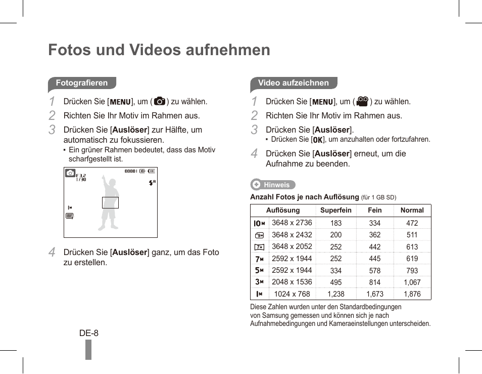 Fotos und videos aufnehmen | Samsung ES55 User Manual | Page 18 / 112