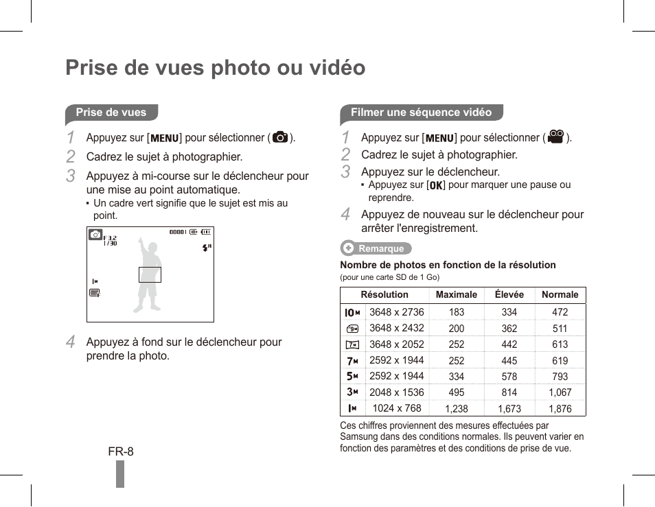Prise de vues photo ou vidéo | Samsung ES55 User Manual | Page 28 / 112