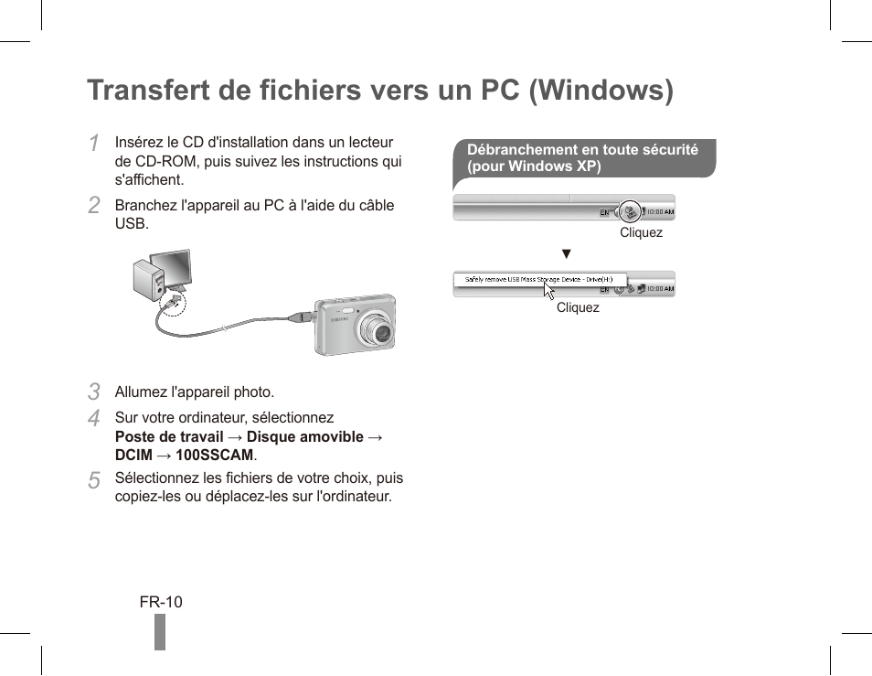 Transfert de fichiers vers un pc (windows) | Samsung ES55 User Manual | Page 30 / 112