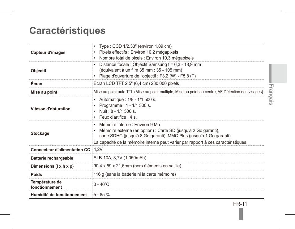 Caractéristiques, Français | Samsung ES55 User Manual | Page 31 / 112