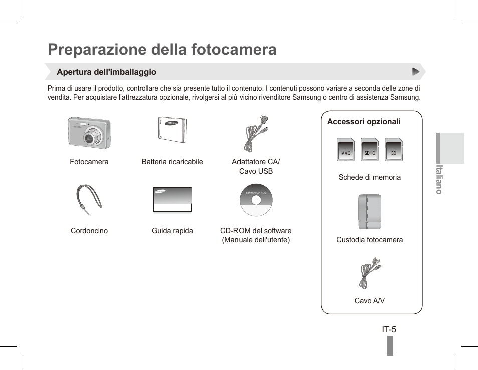 Preparazione della fotocamera | Samsung ES55 User Manual | Page 35 / 112