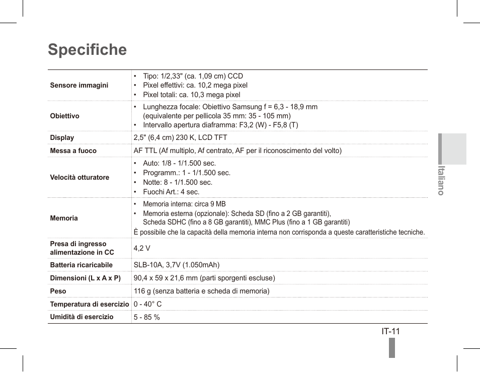 Specifiche | Samsung ES55 User Manual | Page 41 / 112