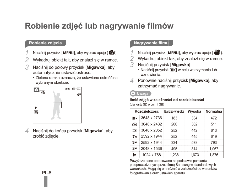 Robienie zdjęć lub nagrywanie filmów | Samsung ES55 User Manual | Page 48 / 112
