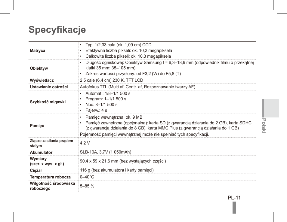 Specyfikacje, Polski | Samsung ES55 User Manual | Page 51 / 112
