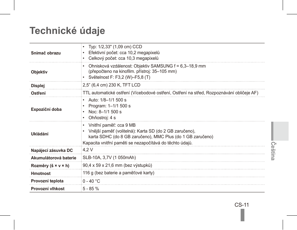 Technické údaje, Čeština | Samsung ES55 User Manual | Page 61 / 112