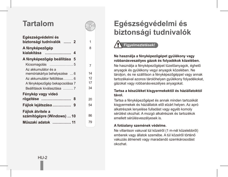 Egészségvédelmi és biztonsági tudnivalók tartalom | Samsung ES55 User Manual | Page 72 / 112