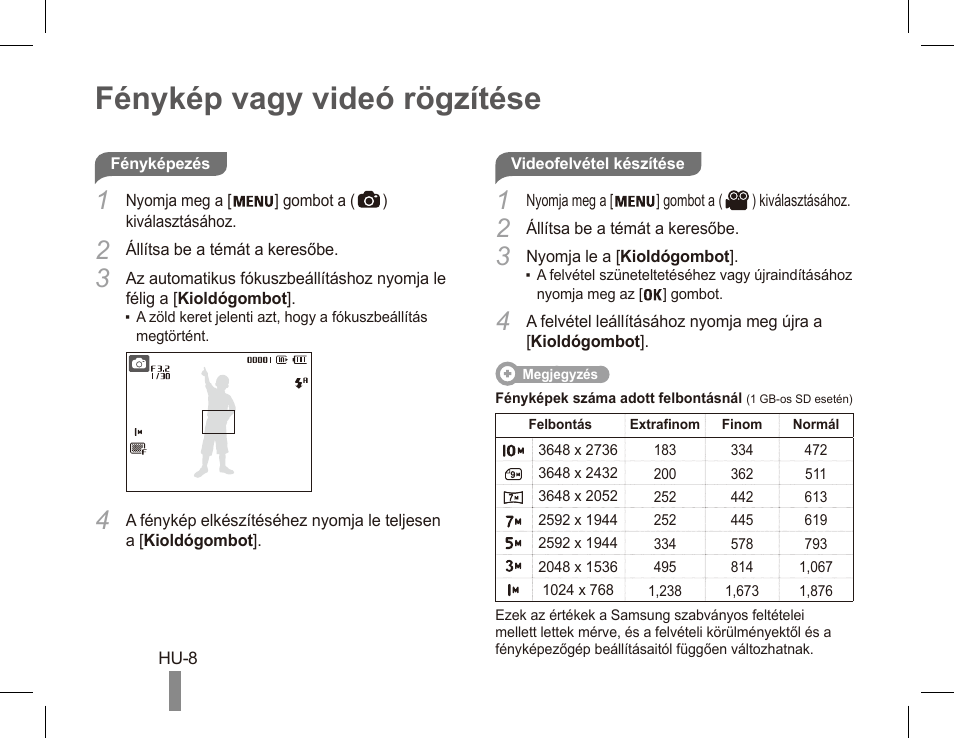 Fénykép vagy videó rögzítése | Samsung ES55 User Manual | Page 78 / 112