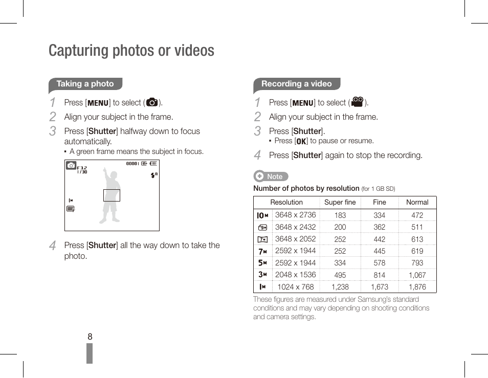 Capturing photos or videos | Samsung ES55 User Manual | Page 8 / 112